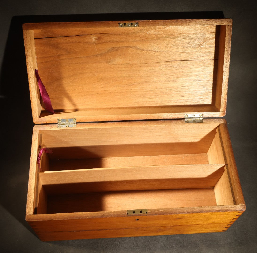 Antique Dovetailed Wooden Box with Brass Pull, Keyhole, Key, and Interior Dividers, Anecdotally Attributed to a Peterborough, New Hampshire Maker