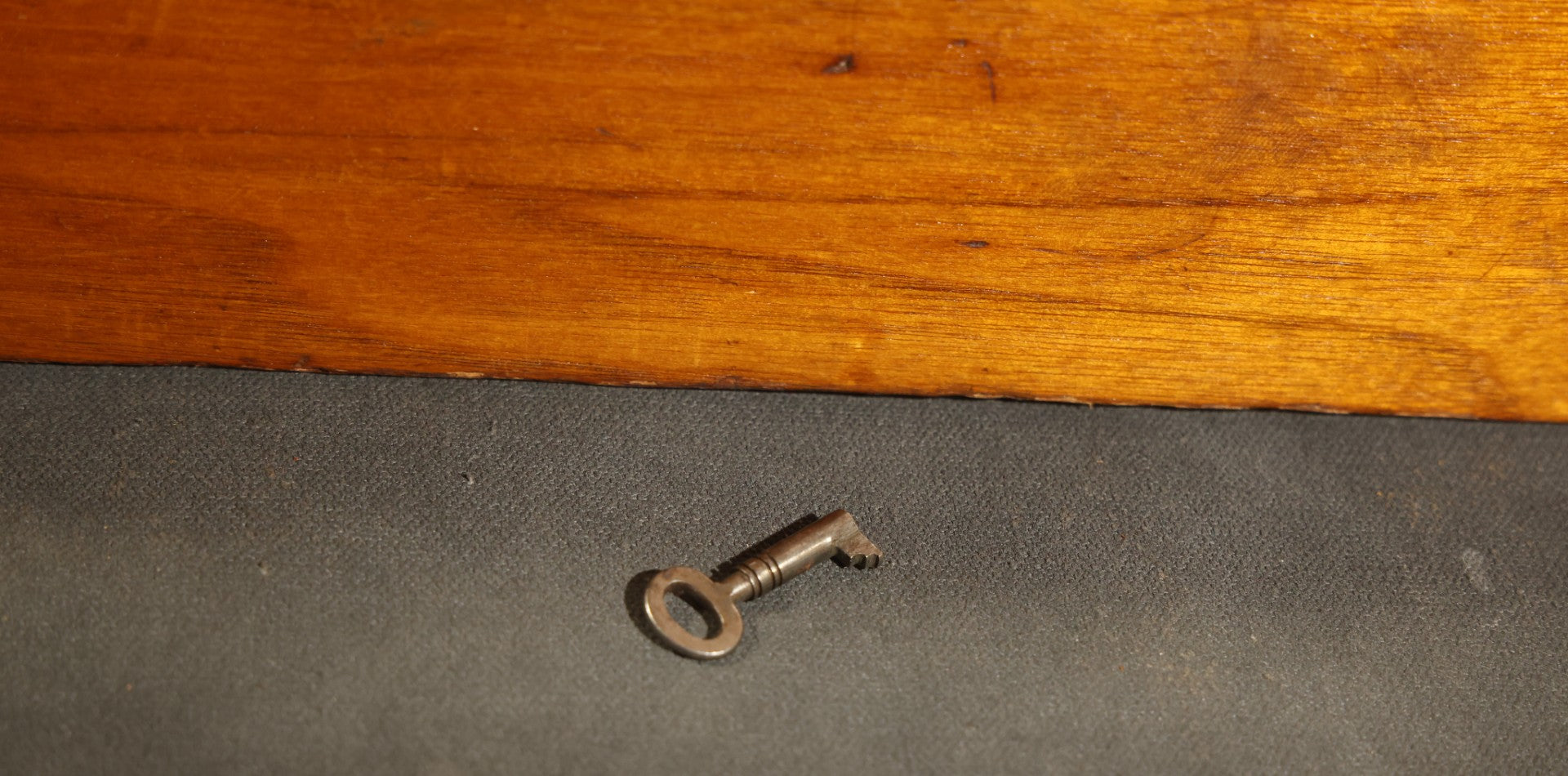 Antique Dovetailed Wooden Box with Brass Pull, Keyhole, Key, and Interior Dividers, Anecdotally Attributed to a Peterborough, New Hampshire Maker