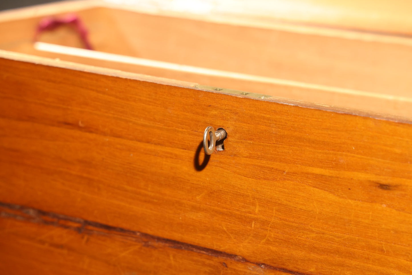 Antique Dovetailed Wooden Box with Brass Pull, Keyhole, Key, and Interior Dividers, Anecdotally Attributed to a Peterborough, New Hampshire Maker