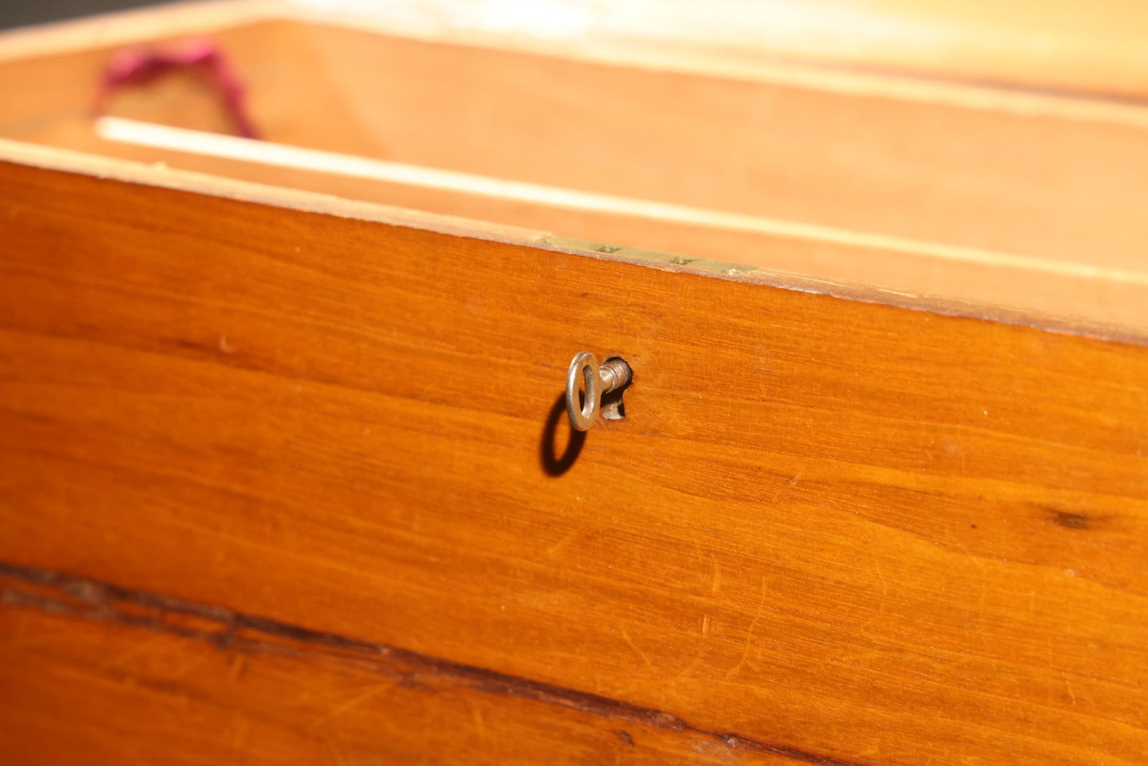 Antique Dovetailed Wooden Box with Brass Pull, Keyhole, Key, and Interior Dividers, Anecdotally Attributed to a Peterborough, New Hampshire Maker