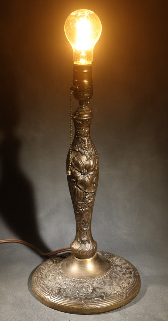 Antique Cast Metal Gas Fixture Lamp Base Converted to Electric, Floral Relief Decoration, no Shade, Tested and Working
