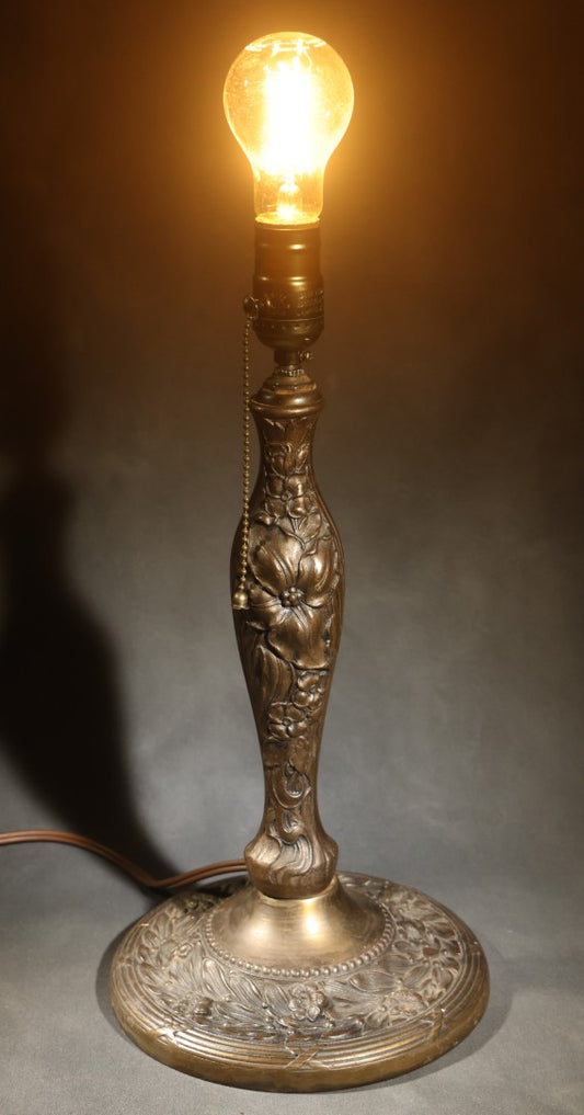 Antique Cast Metal Gas Fixture Lamp Base Converted to Electric, Floral Relief Decoration, no Shade, Tested and Working