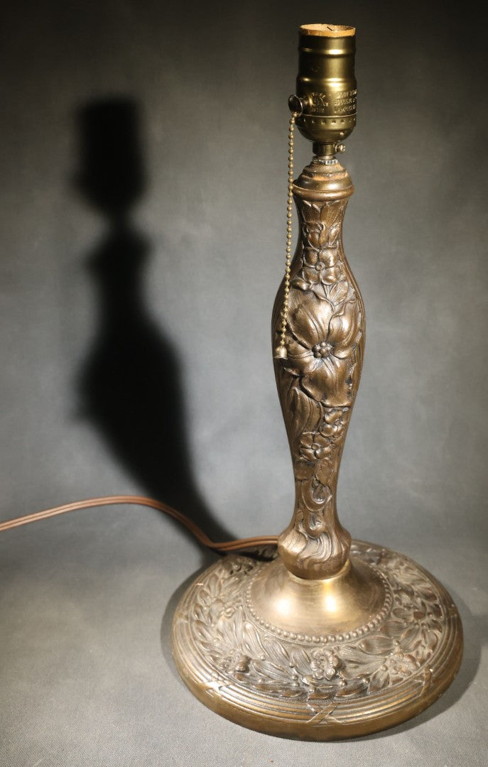 Antique Cast Metal Gas Fixture Lamp Base Converted to Electric, Floral Relief Decoration, no Shade, Tested and Working