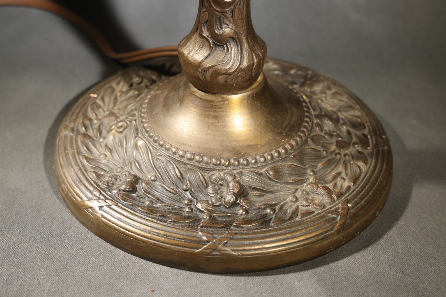 Antique Cast Metal Gas Fixture Lamp Base Converted to Electric, Floral Relief Decoration, no Shade, Tested and Working