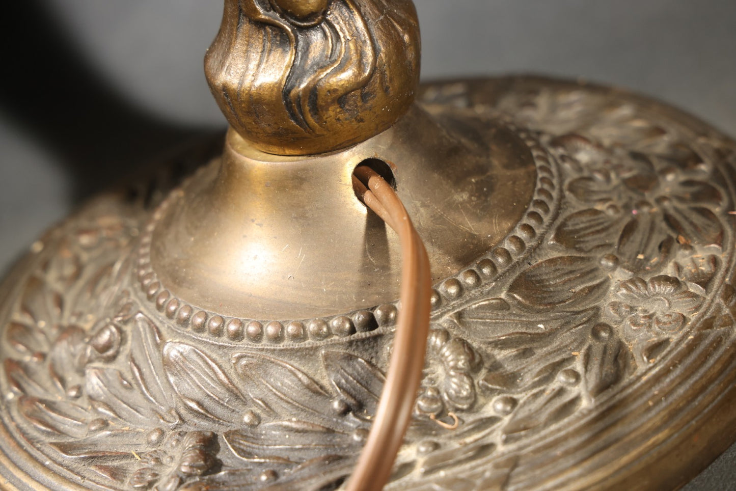 Antique Cast Metal Gas Fixture Lamp Base Converted to Electric, Floral Relief Decoration, no Shade, Tested and Working