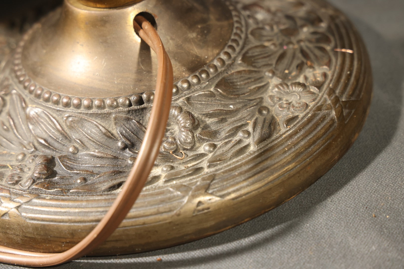 Antique Cast Metal Gas Fixture Lamp Base Converted to Electric, Floral Relief Decoration, no Shade, Tested and Working