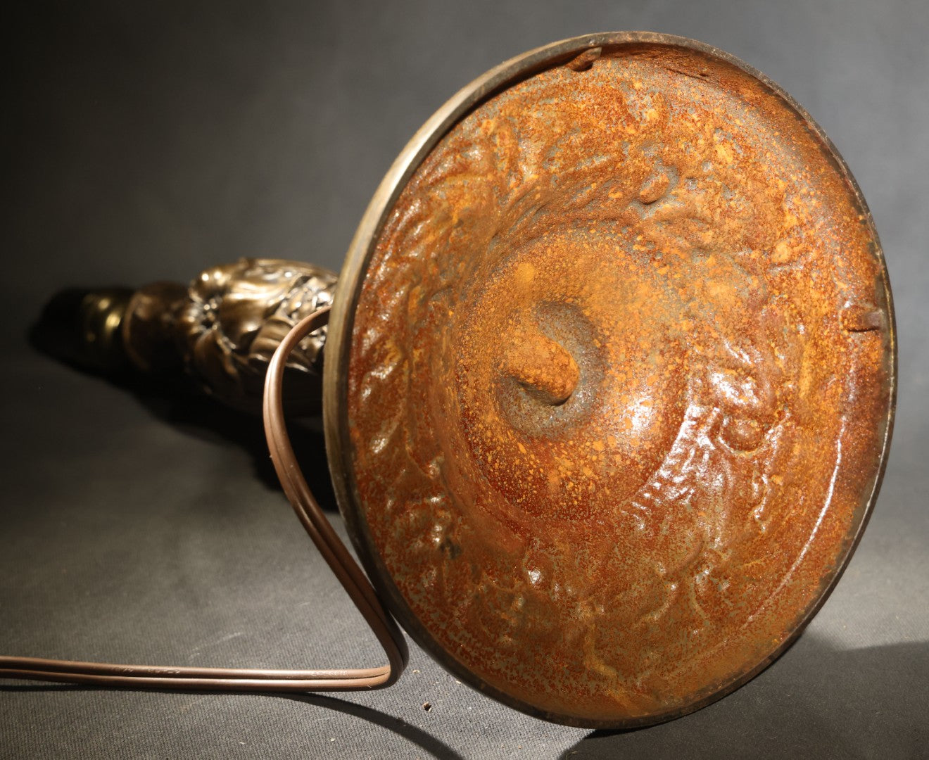 Antique Cast Metal Gas Fixture Lamp Base Converted to Electric, Floral Relief Decoration, no Shade, Tested and Working