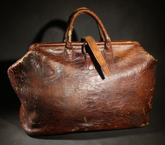 Antique Leather Bag with Buckle Strap Closure, Stamped "20" and "15" on Bottom