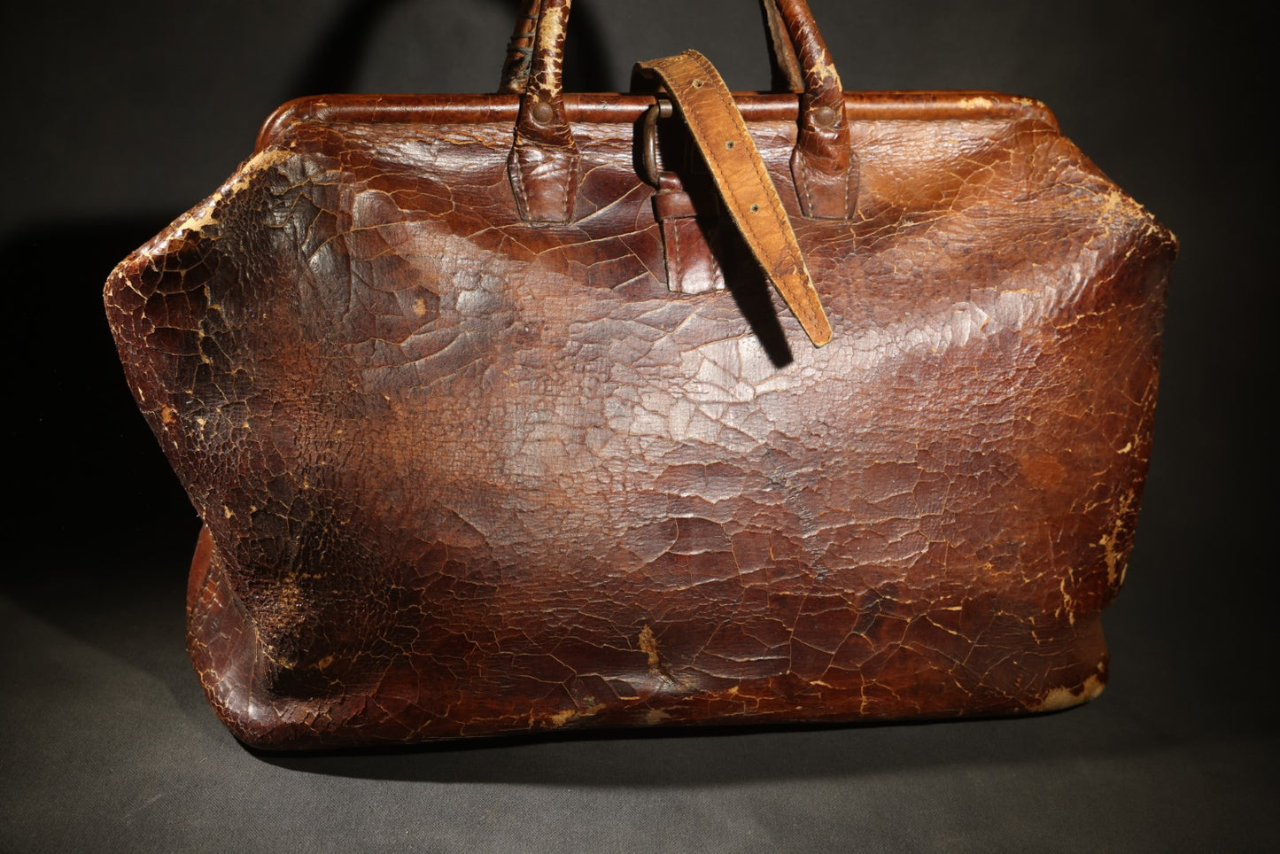 Antique Leather Bag with Buckle Strap Closure, Stamped "20" and "15" on Bottom