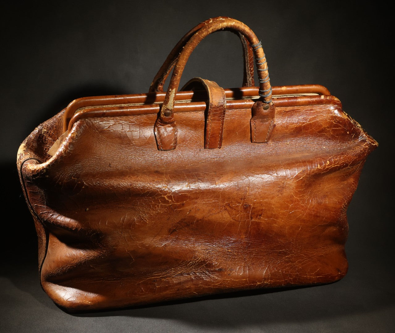 Antique Leather Bag with Buckle Strap Closure, Stamped "20" and "15" on Bottom