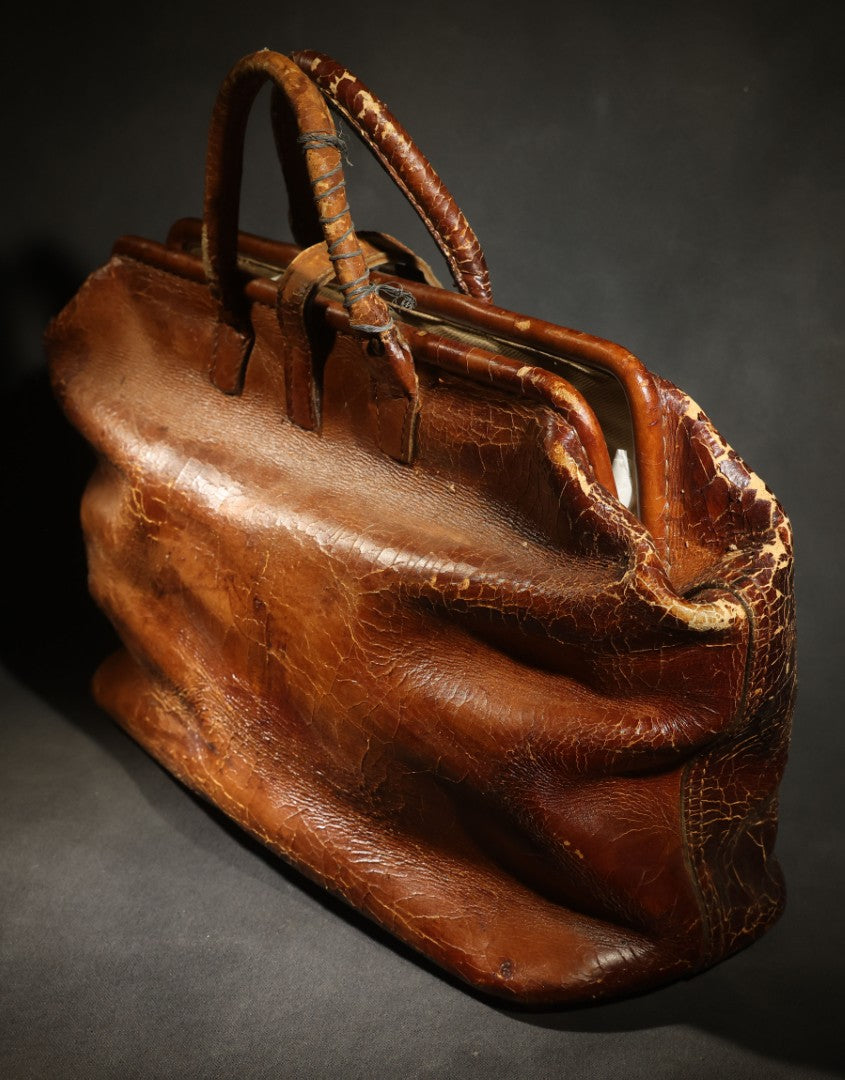 Antique Leather Bag with Buckle Strap Closure, Stamped "20" and "15" on Bottom