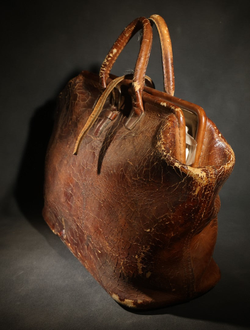 Antique Leather Bag with Buckle Strap Closure, Stamped "20" and "15" on Bottom