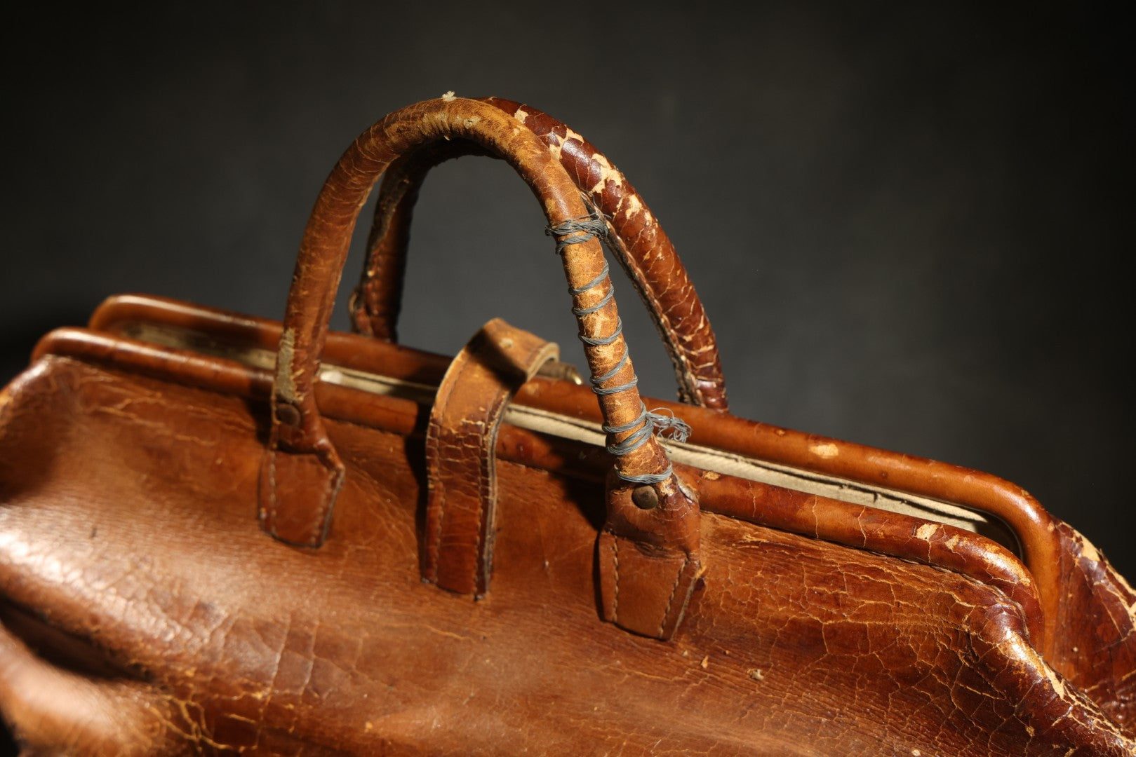 Antique Leather Bag with Buckle Strap Closure, Stamped "20" and "15" on Bottom