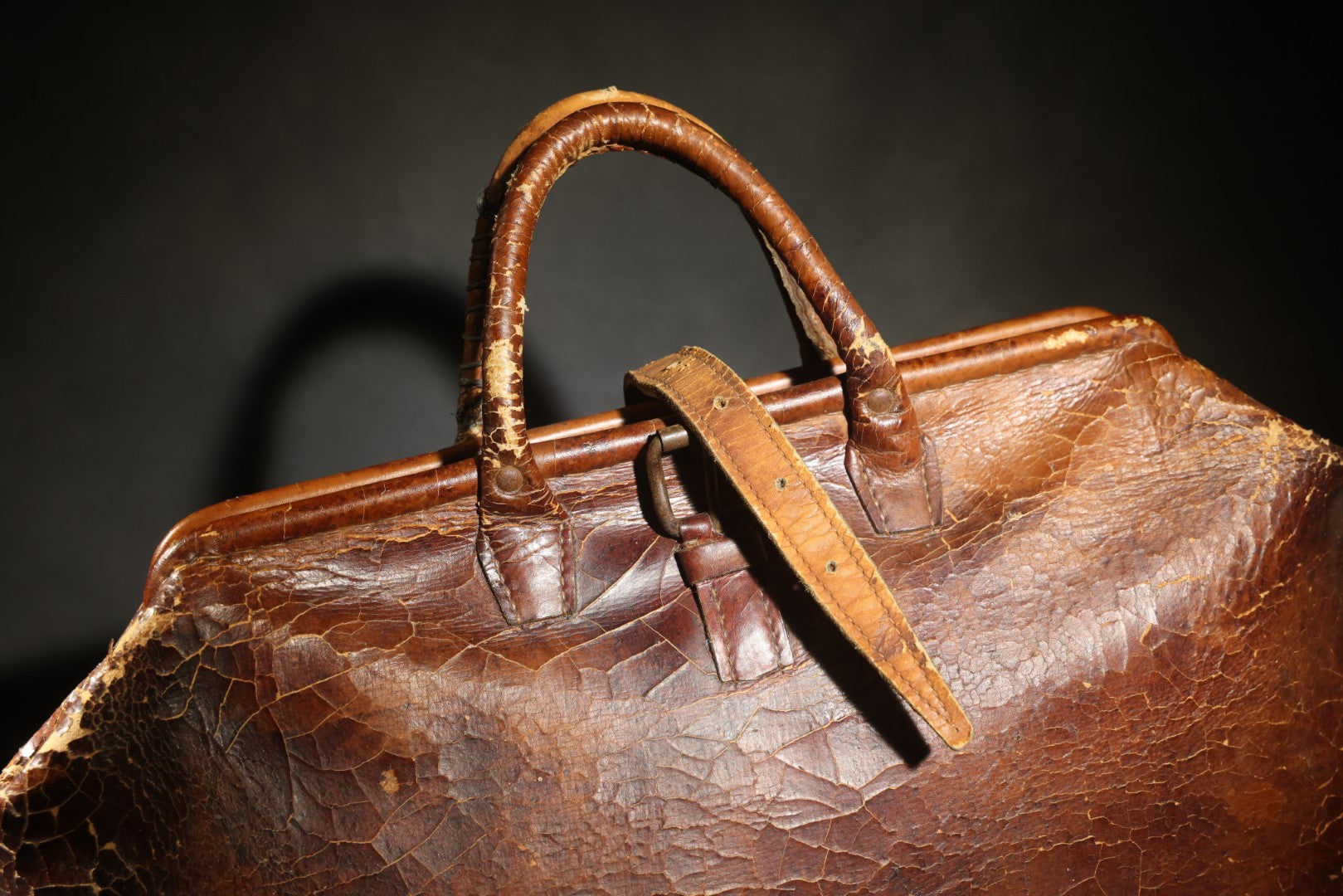 Antique Leather Bag with Buckle Strap Closure, Stamped "20" and "15" on Bottom