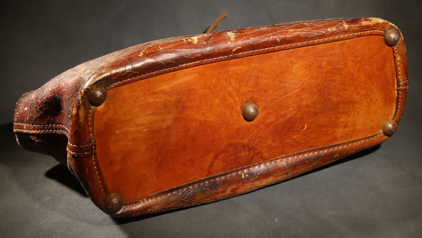 Antique Leather Bag with Buckle Strap Closure, Stamped "20" and "15" on Bottom