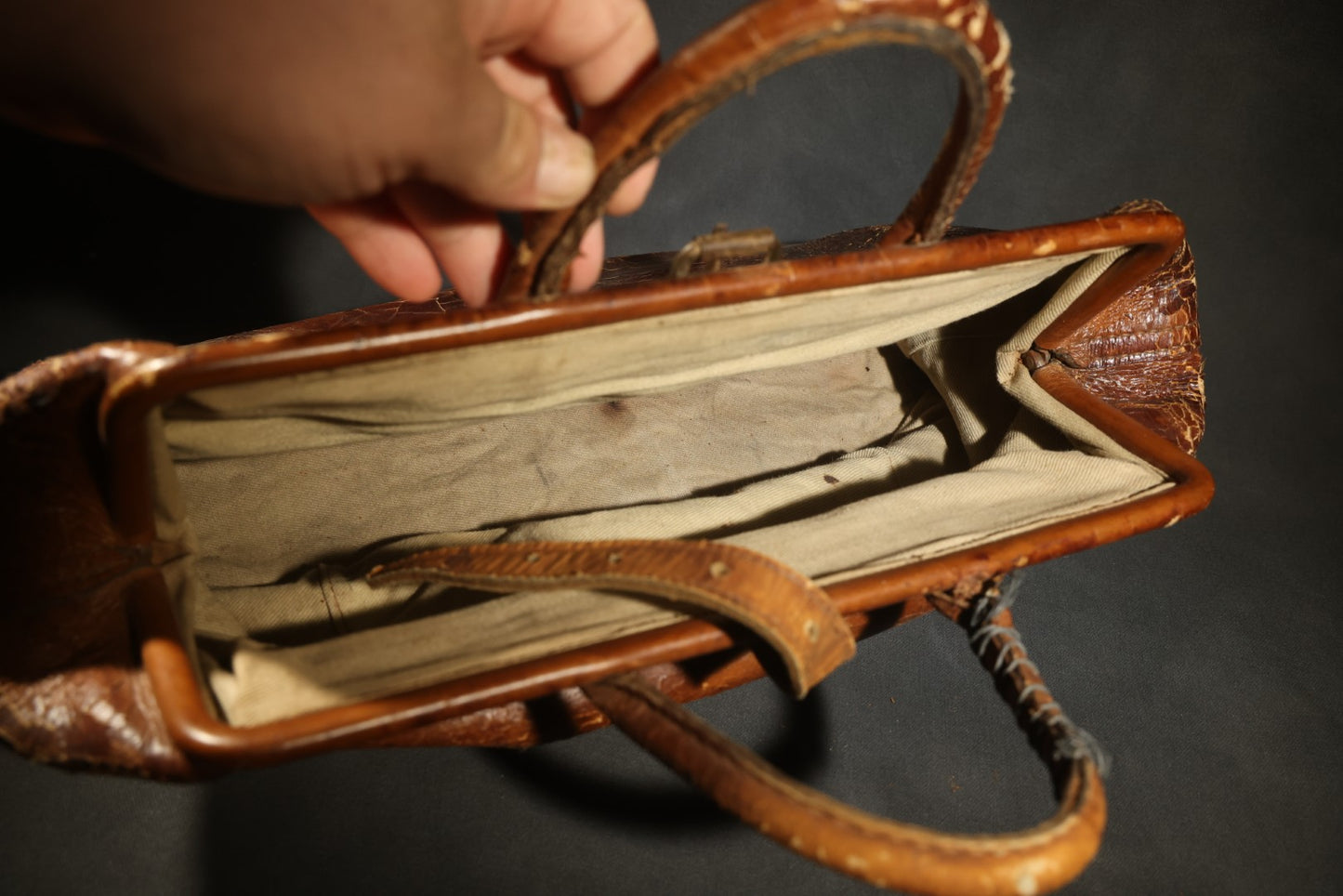 Antique Leather Bag with Buckle Strap Closure, Stamped "20" and "15" on Bottom