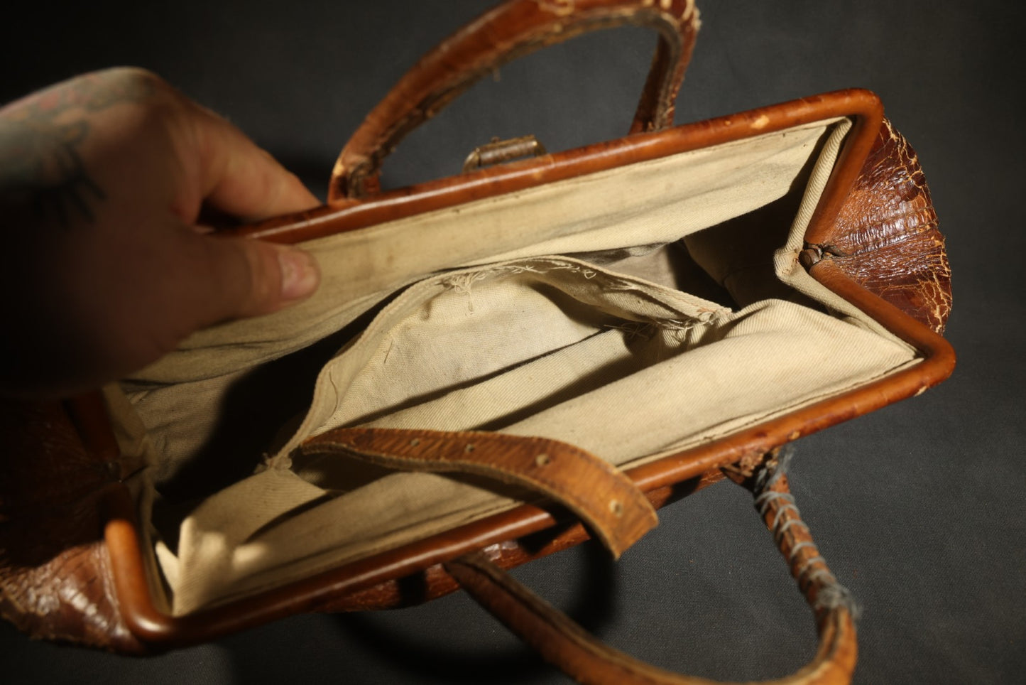 Antique Leather Bag with Buckle Strap Closure, Stamped "20" and "15" on Bottom