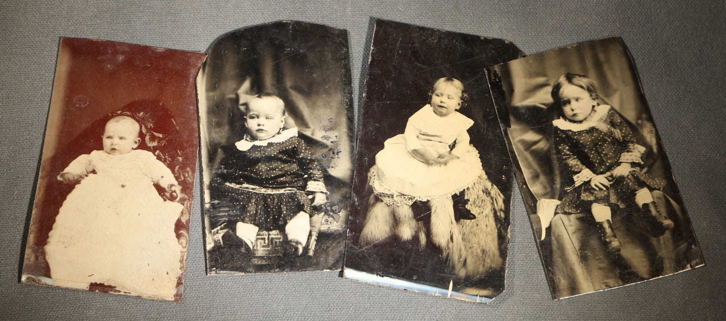 Grouping of Four Antique Hidden Mother Tintype Photographs of Young Children and Infants