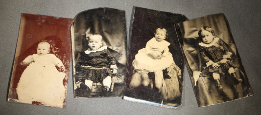 Grouping of Four Antique Hidden Mother Tintype Photographs of Young Children and Infants