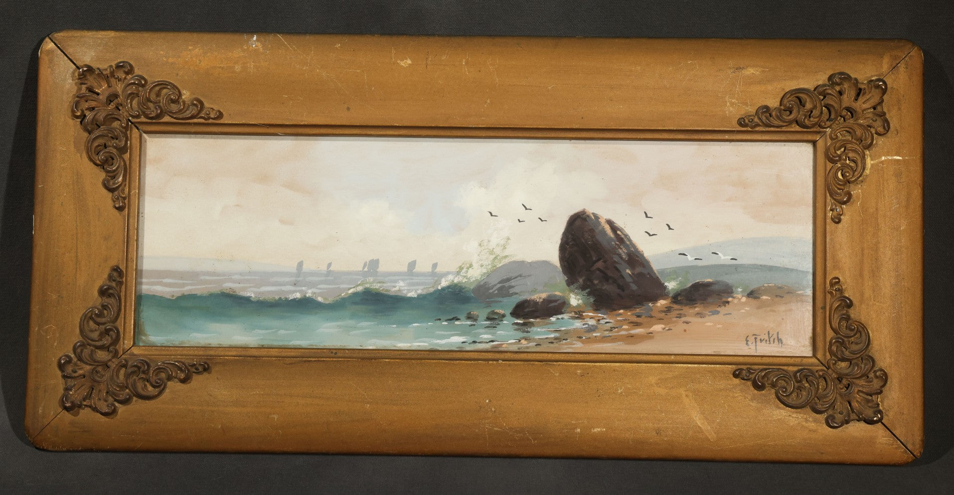 Antique Framed Watercolor Painting on Paper, Rocky Coastal Scene with Sailboats and Birds, Signed E. Fritch