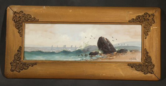 Antique Framed Watercolor Painting on Paper, Rocky Coastal Scene with Sailboats and Birds, Signed E. Fritch