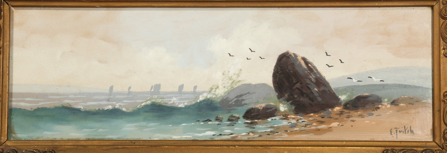 Antique Framed Watercolor Painting on Paper, Rocky Coastal Scene with Sailboats and Birds, Signed E. Fritch
