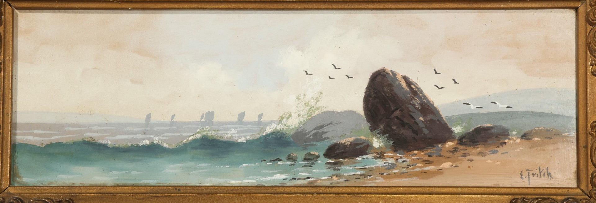 Antique Framed Watercolor Painting on Paper, Rocky Coastal Scene with Sailboats and Birds, Signed E. Fritch