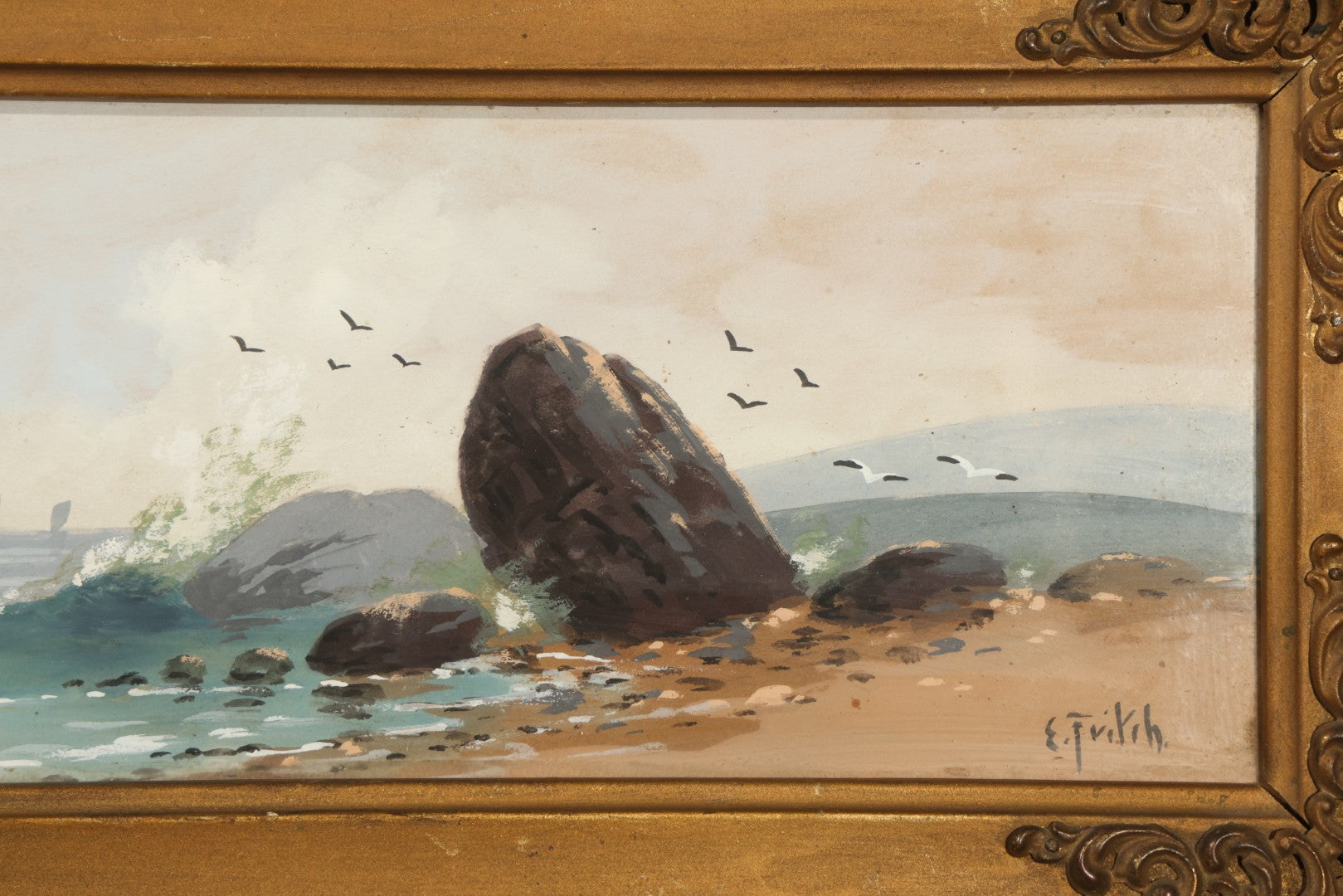 Antique Framed Watercolor Painting on Paper, Rocky Coastal Scene with Sailboats and Birds, Signed E. Fritch