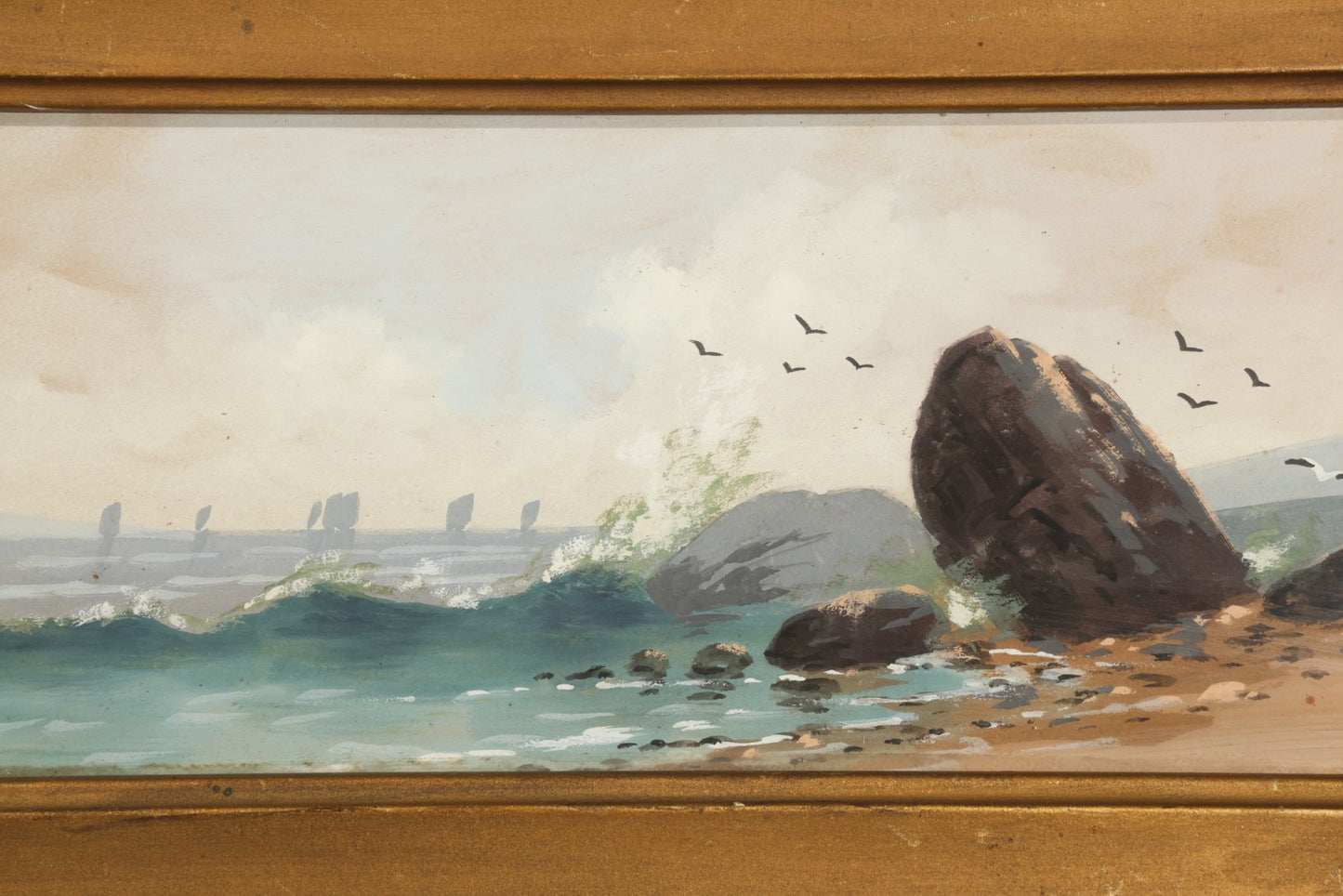 Antique Framed Watercolor Painting on Paper, Rocky Coastal Scene with Sailboats and Birds, Signed E. Fritch