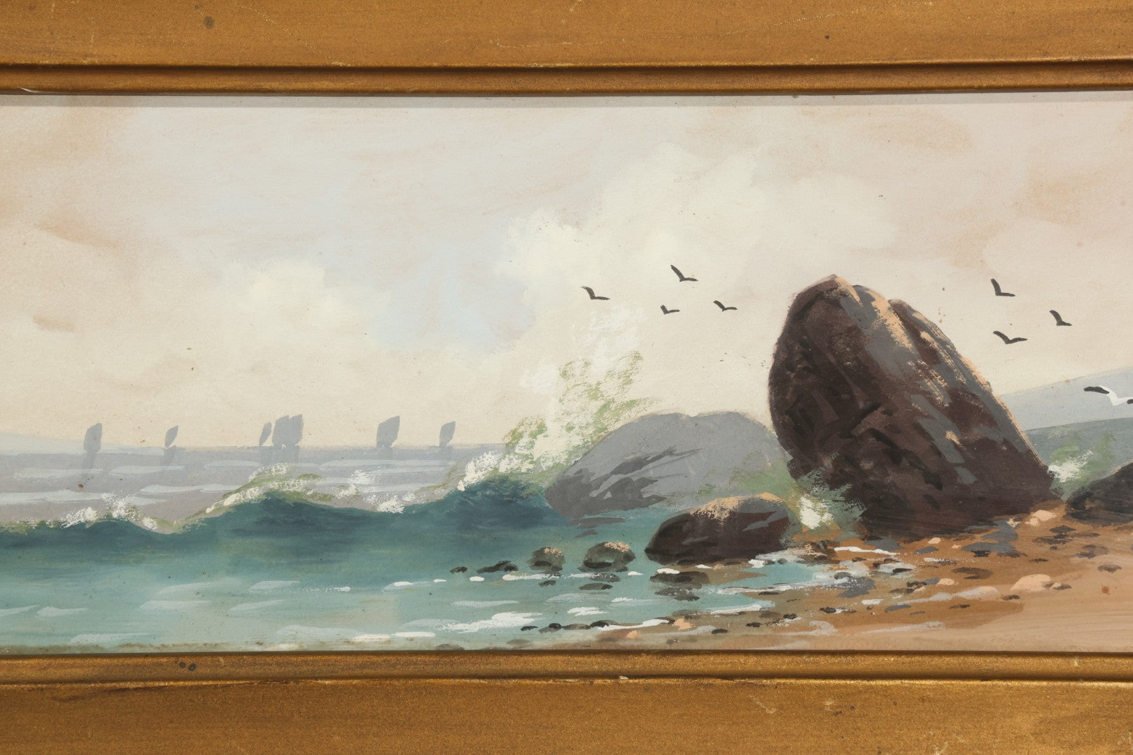 Antique Framed Watercolor Painting on Paper, Rocky Coastal Scene with Sailboats and Birds, Signed E. Fritch