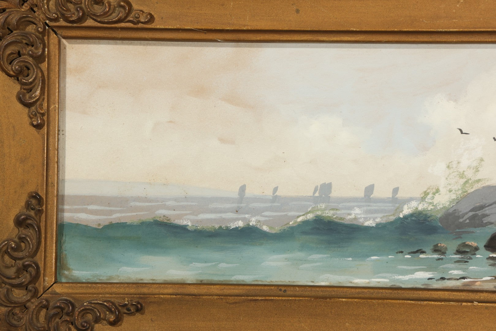 Antique Framed Watercolor Painting on Paper, Rocky Coastal Scene with Sailboats and Birds, Signed E. Fritch