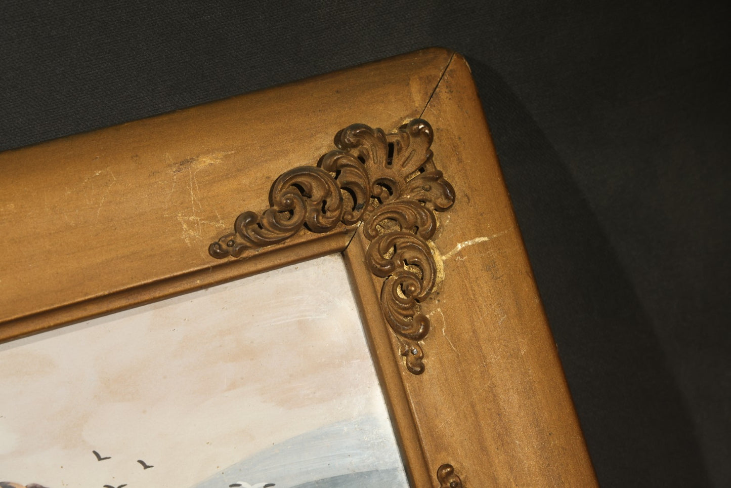 Antique Framed Watercolor Painting on Paper, Rocky Coastal Scene with Sailboats and Birds, Signed E. Fritch