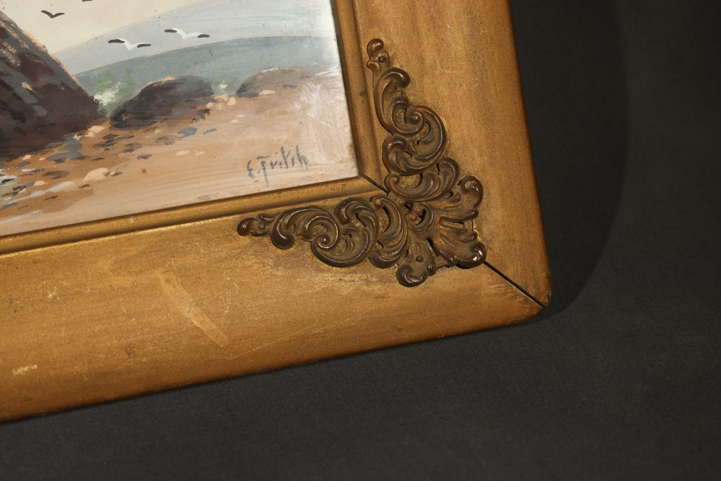 Antique Framed Watercolor Painting on Paper, Rocky Coastal Scene with Sailboats and Birds, Signed E. Fritch