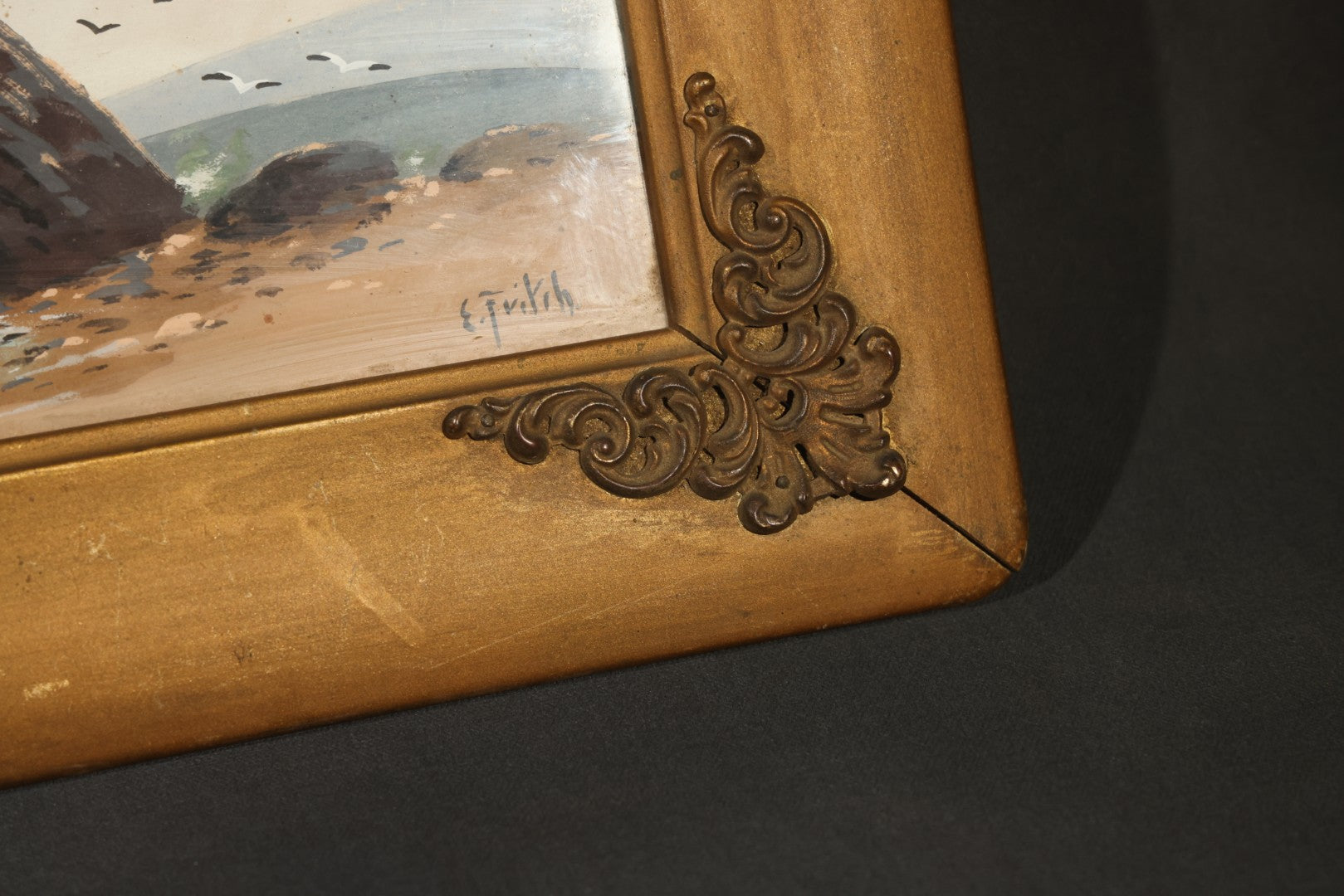 Antique Framed Watercolor Painting on Paper, Rocky Coastal Scene with Sailboats and Birds, Signed E. Fritch