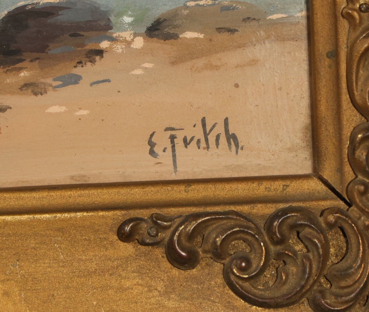 Antique Framed Watercolor Painting on Paper, Rocky Coastal Scene with Sailboats and Birds, Signed E. Fritch