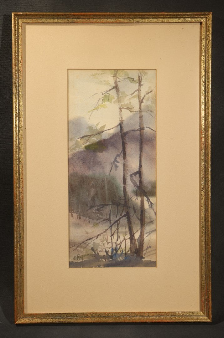 Antique Framed Watercolor Painting on Paper, Woodland Landscape with Bare Trees and Hills, Signed E. Ryan
