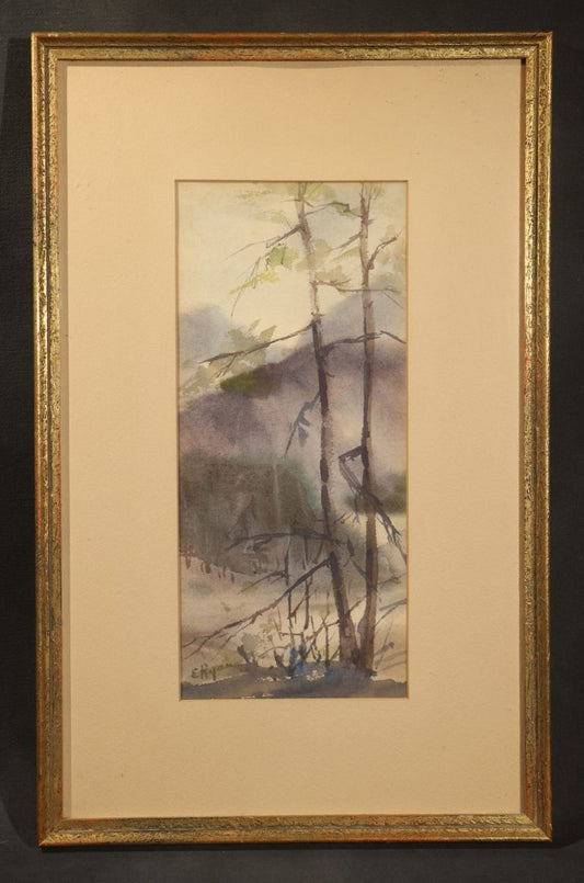 Antique Framed Watercolor Painting on Paper, Woodland Landscape with Bare Trees and Hills, Signed E. Ryan