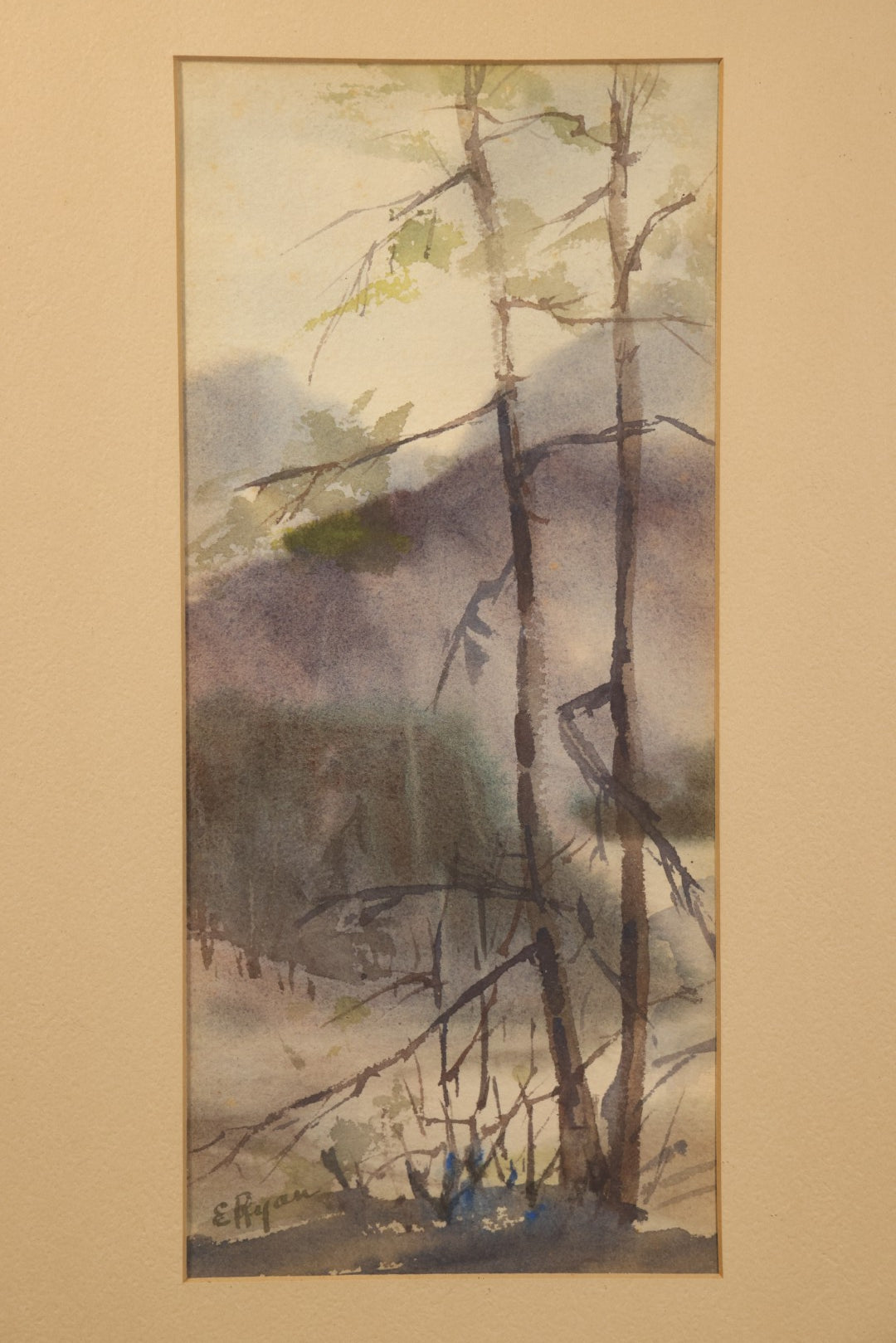Antique Framed Watercolor Painting on Paper, Woodland Landscape with Bare Trees and Hills, Signed E. Ryan