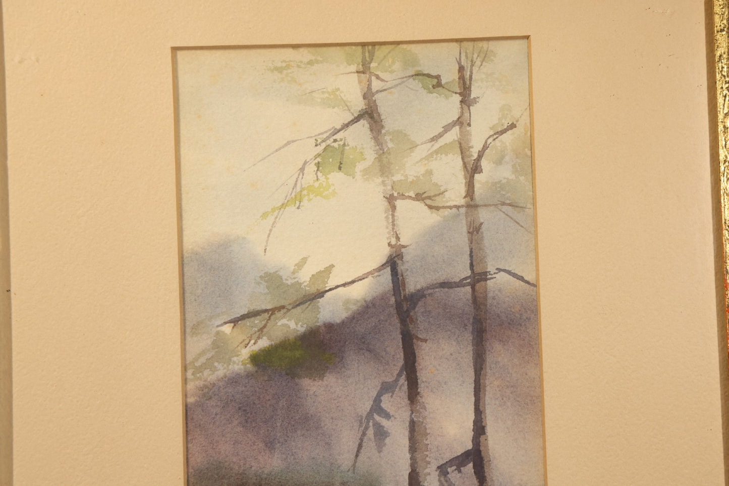 Antique Framed Watercolor Painting on Paper, Woodland Landscape with Bare Trees and Hills, Signed E. Ryan