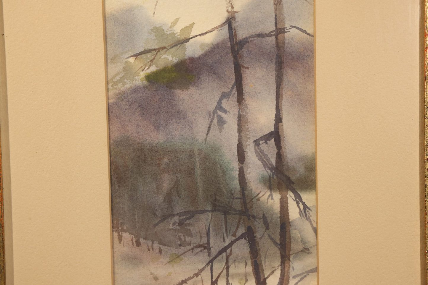 Antique Framed Watercolor Painting on Paper, Woodland Landscape with Bare Trees and Hills, Signed E. Ryan