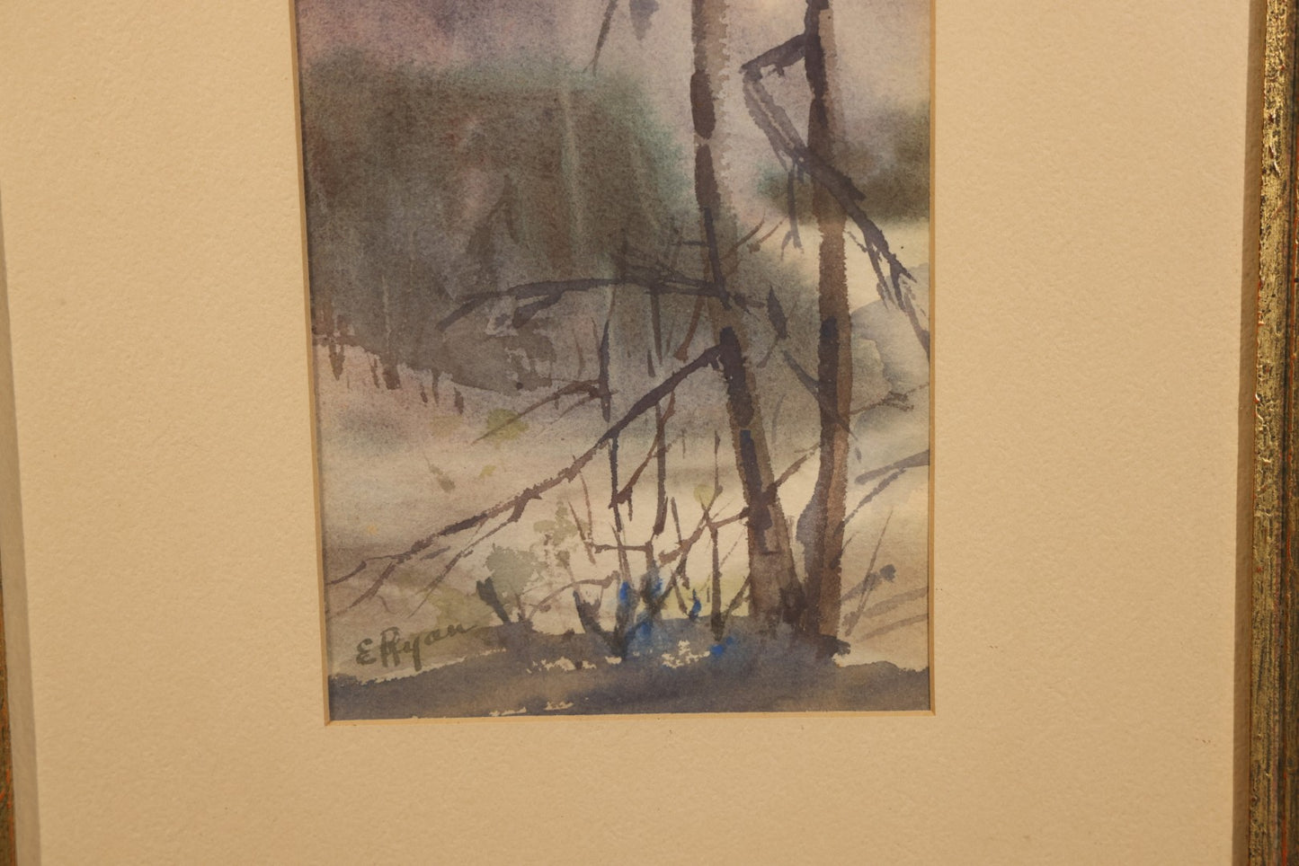 Antique Framed Watercolor Painting on Paper, Woodland Landscape with Bare Trees and Hills, Signed E. Ryan