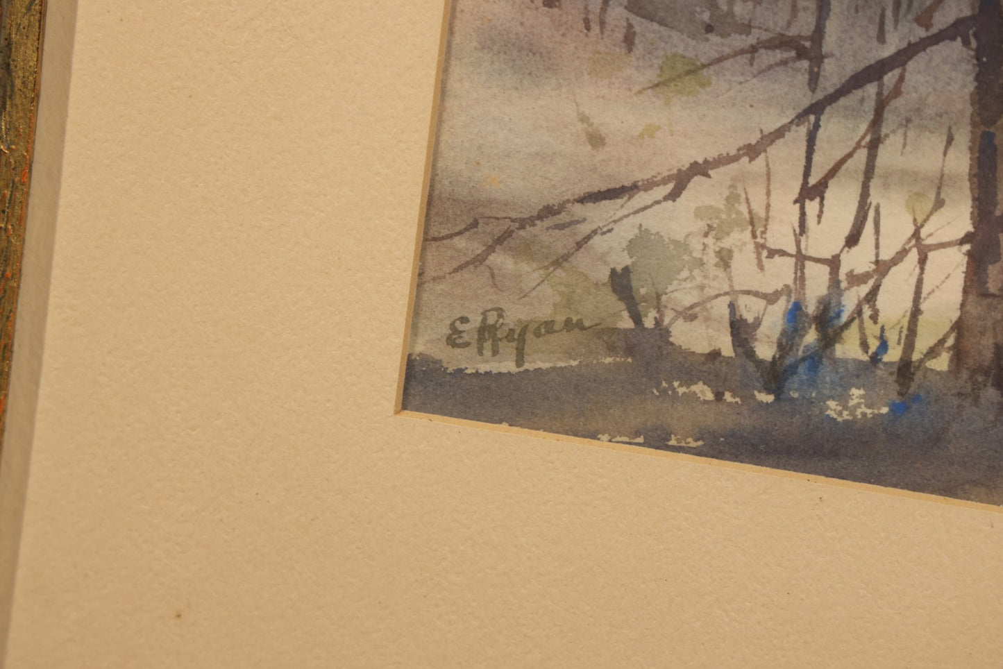 Antique Framed Watercolor Painting on Paper, Woodland Landscape with Bare Trees and Hills, Signed E. Ryan