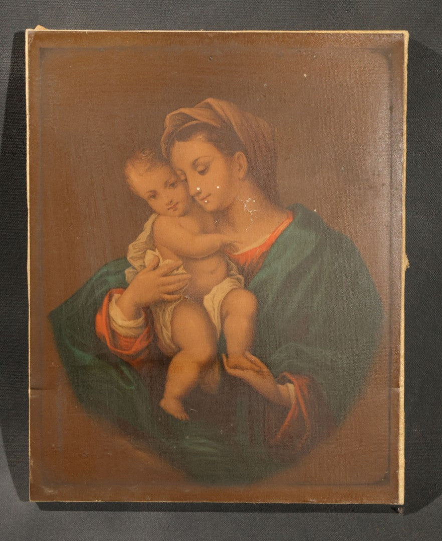 Antique Chromolithograph Print on Canvas, "Madonna and Child" After Murillo, Published by Dodge, Collier & Perkins, 115 Washington Street, Boston, Massachusetts