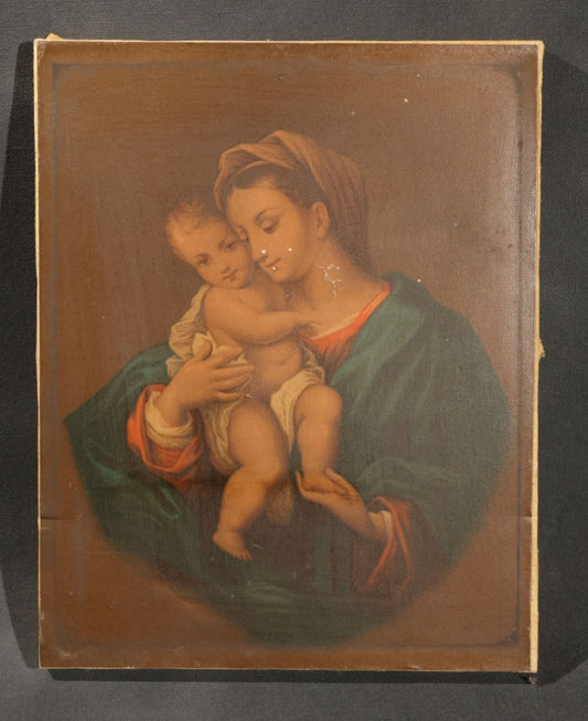 Antique Chromolithograph Print on Canvas, "Madonna and Child" After Murillo, Published by Dodge, Collier & Perkins, 115 Washington Street, Boston, Massachusetts