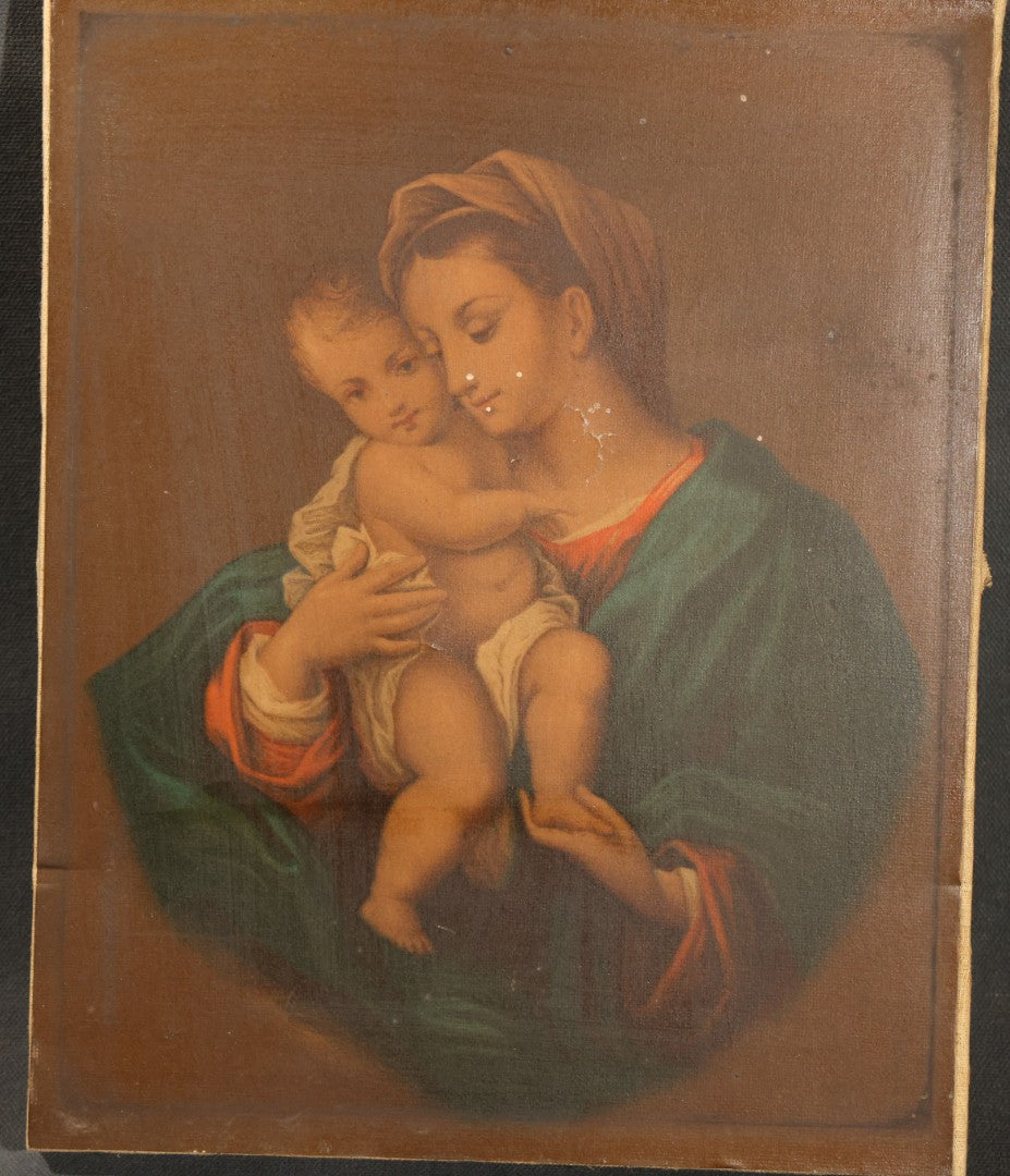 Antique Chromolithograph Print on Canvas, "Madonna and Child" After Murillo, Published by Dodge, Collier & Perkins, 115 Washington Street, Boston, Massachusetts
