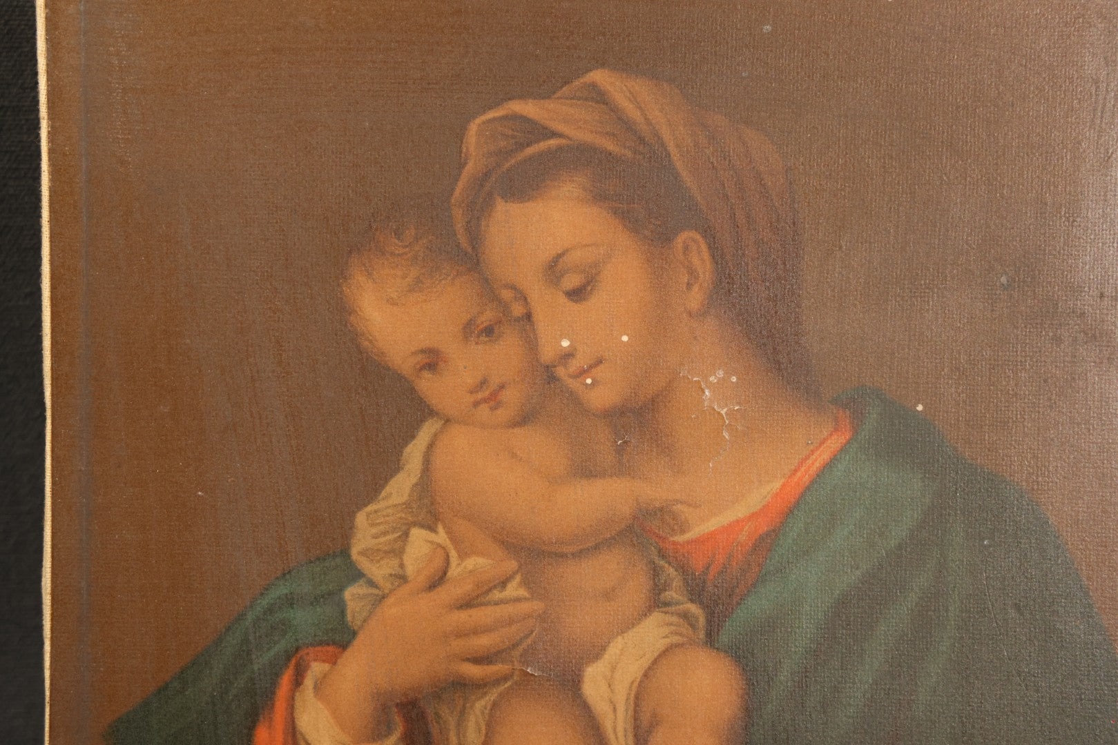 Antique Chromolithograph Print on Canvas, "Madonna and Child" After Murillo, Published by Dodge, Collier & Perkins, 115 Washington Street, Boston, Massachusetts