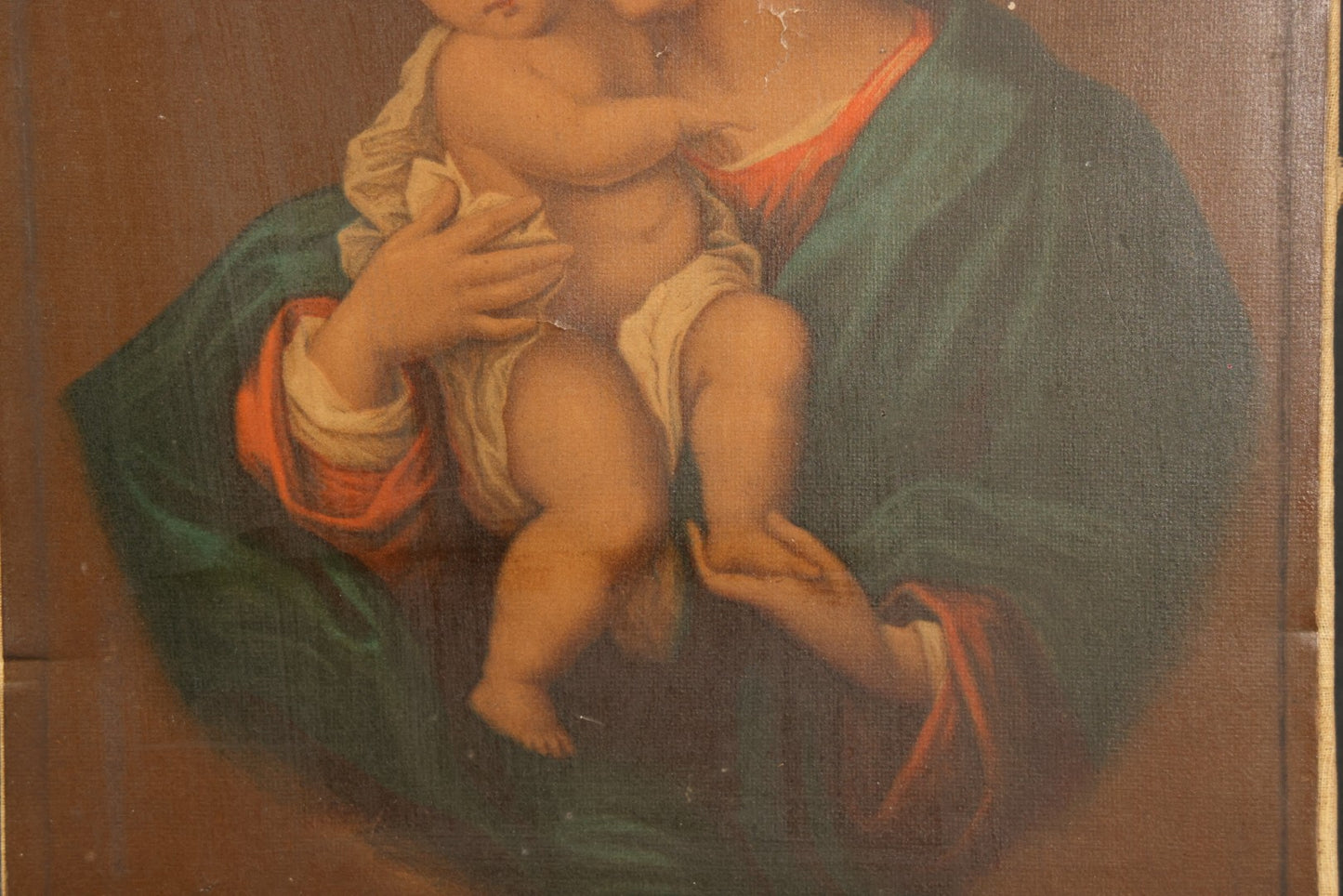 Antique Chromolithograph Print on Canvas, "Madonna and Child" After Murillo, Published by Dodge, Collier & Perkins, 115 Washington Street, Boston, Massachusetts