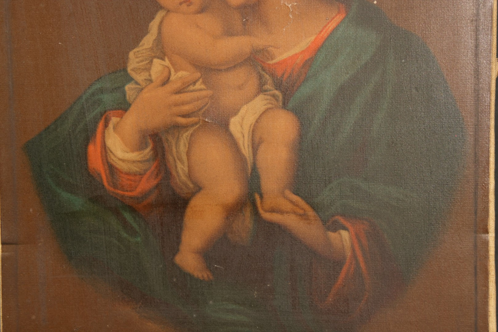 Antique Chromolithograph Print on Canvas, "Madonna and Child" After Murillo, Published by Dodge, Collier & Perkins, 115 Washington Street, Boston, Massachusetts