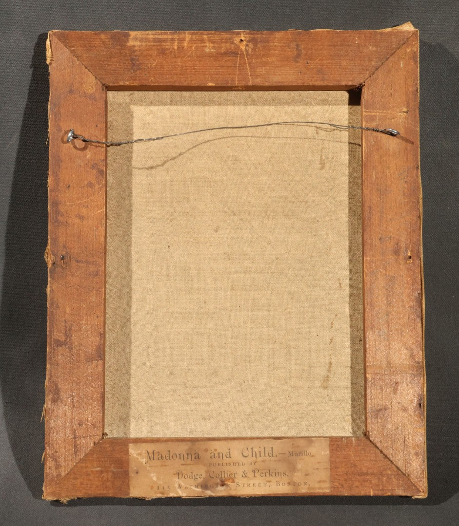 Antique Chromolithograph Print on Canvas, "Madonna and Child" After Murillo, Published by Dodge, Collier & Perkins, 115 Washington Street, Boston, Massachusetts