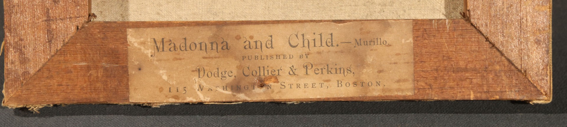 Antique Chromolithograph Print on Canvas, "Madonna and Child" After Murillo, Published by Dodge, Collier & Perkins, 115 Washington Street, Boston, Massachusetts